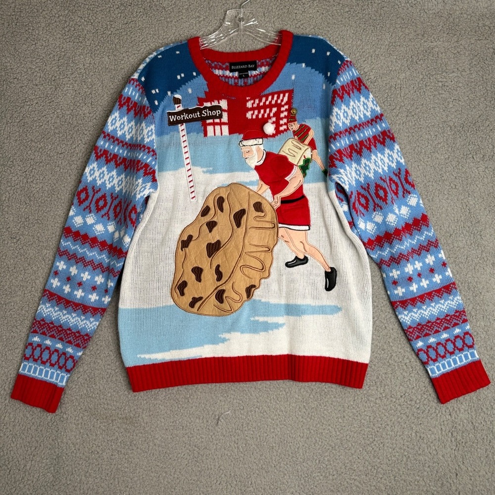 Blizzard Bay Ugly Christmas Holiday Sweater Mens Large‎ Santa Workout Cookie